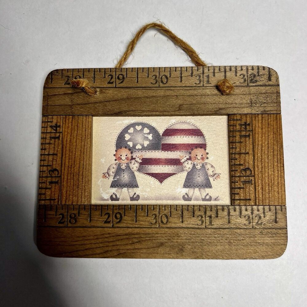 Vintage Primitive Americana Folk Art Wooden Ruler Picture Frame Patriotic Decor
